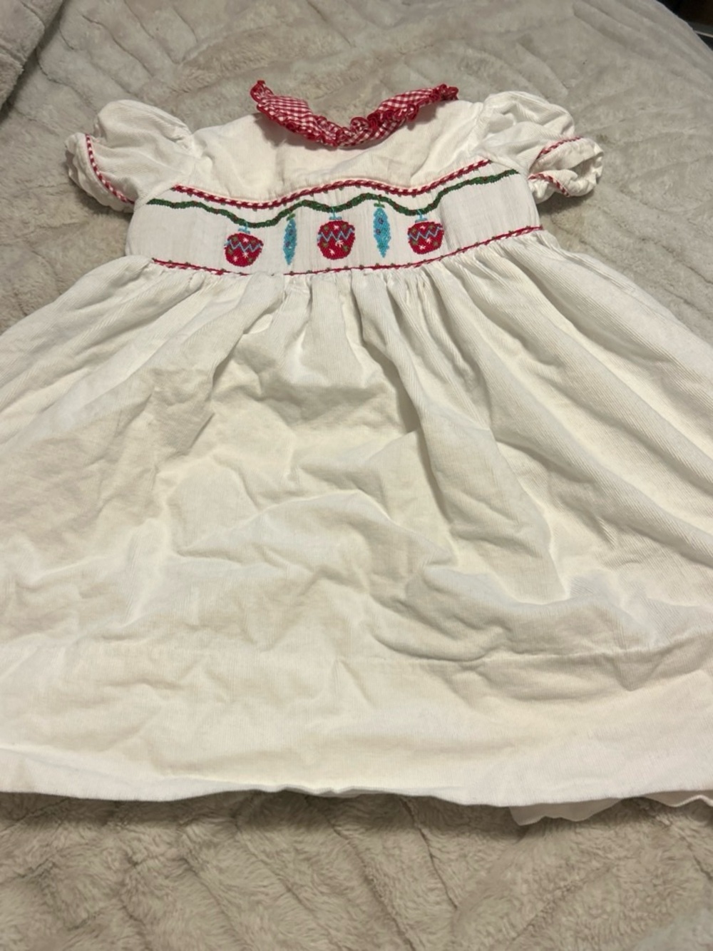 White Baby Dress with Red Strawberry Smocking